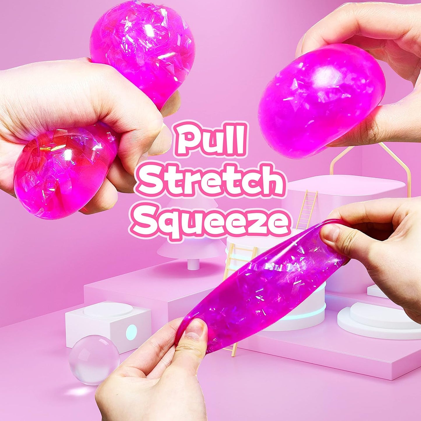 Pink Squishy Glitter Stress Balls Squeeze Fidget Toys for Kids and Adults - Colorful Stress Squish Ball, Squishy Toys for Kids Prizes,, Party Favors, Relax, Improve Focus
