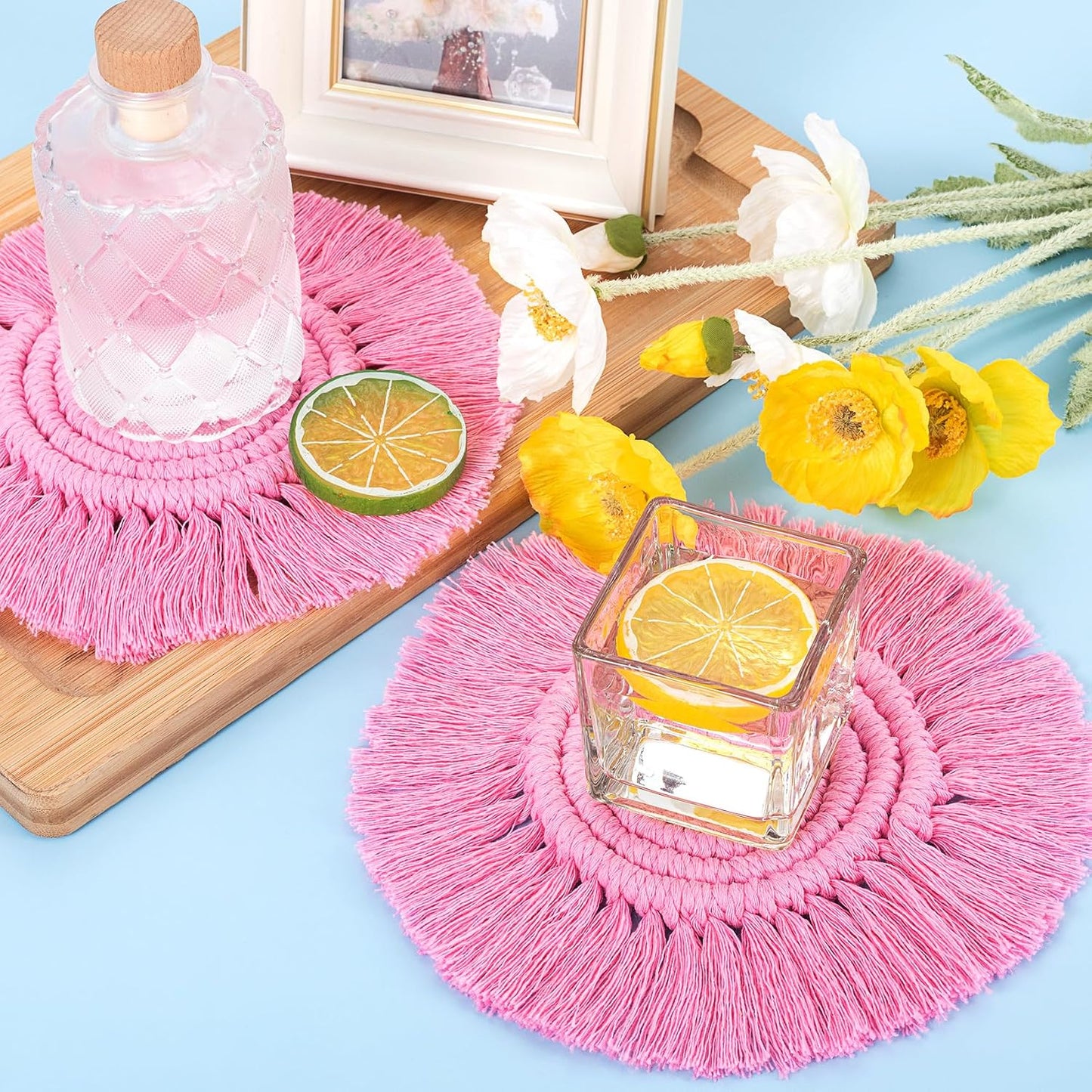 Pndeyo Round Coasters for Drinks Absorbent, Boho Braided Coasters with Tassels, Heat Resistant Cotton Coffee Cup Mat for Home Decor Wooden Tabletop Protection- Pink