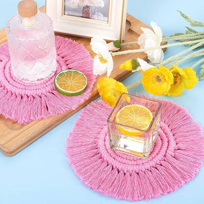 Pndeyo Round Coasters for Drinks Absorbent, Boho Braided Coasters with Tassels, Heat Resistant Cotton Coffee Cup Mat for Home Decor Wooden Tabletop Protection- Pink