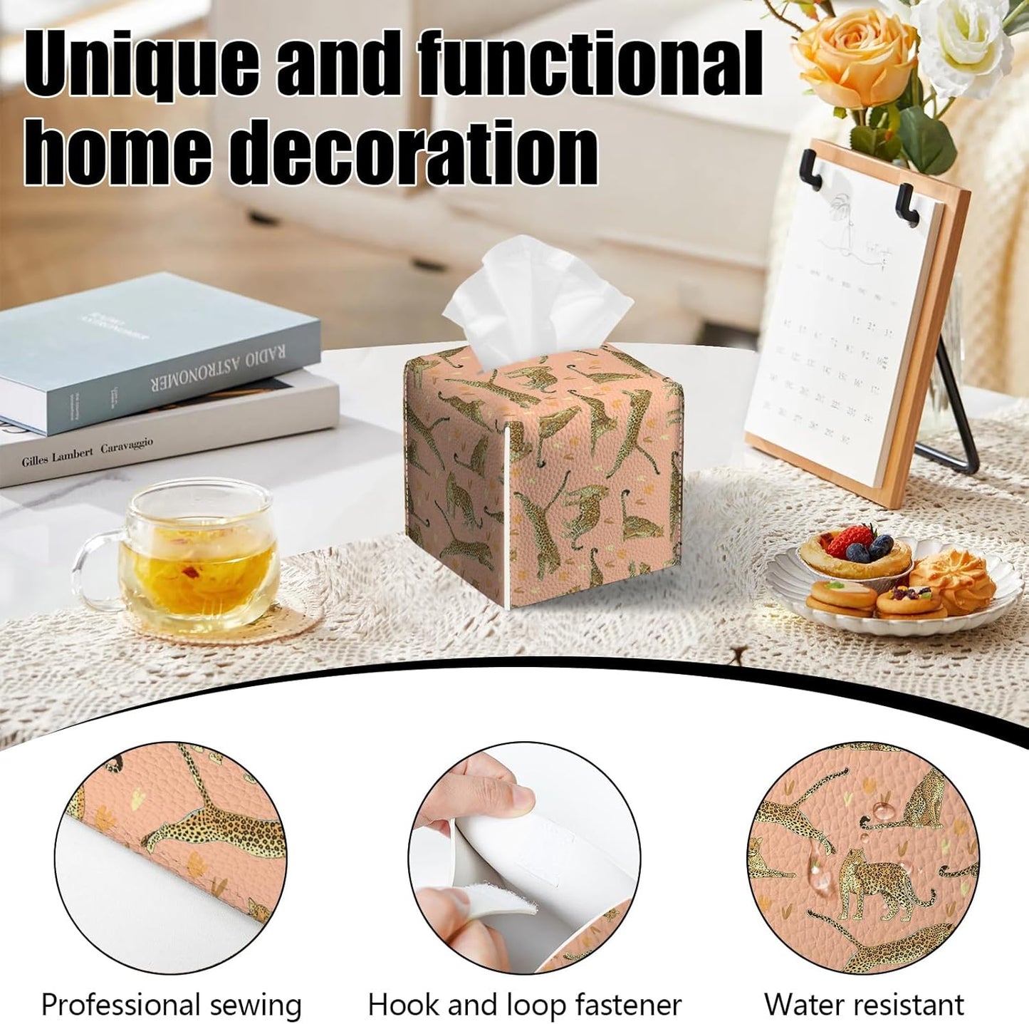 2 Pack Pink Cheetah Tissue Box Cover Square Animal PU Leather Tissue Box Holder Waterproof Facial Paper Organizer Dispenser for Bathroom Kitchen Home Office Car