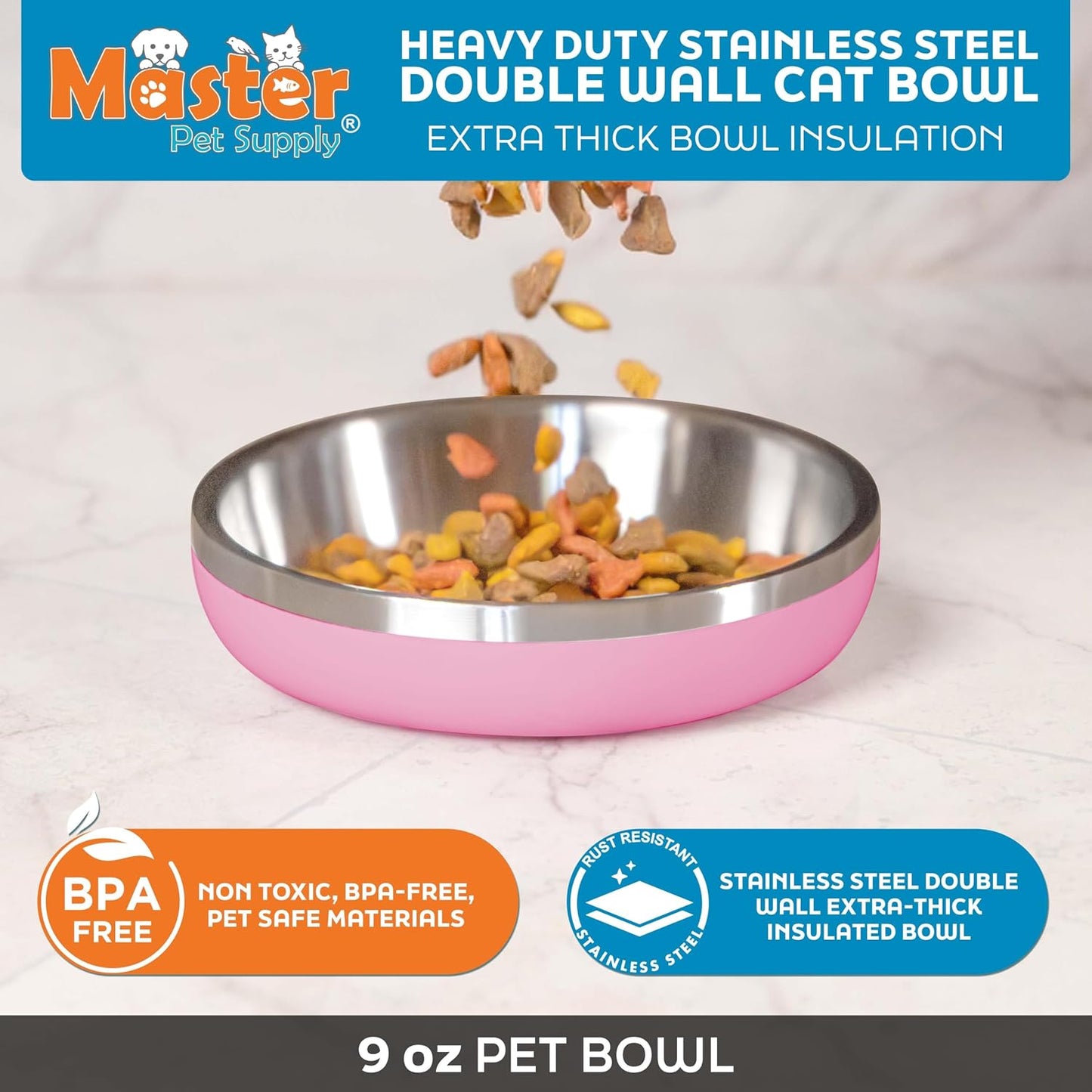 Master Pet Supply Stainless Steel Cat Bowls - 9 oz Heavy Duty - Hyper Pink, Double Wall Extra-Thick Insulated, Non-Slip Pet Water Bowl for Cats & Pets, Anti Rust Metal, Dishwasher Safe