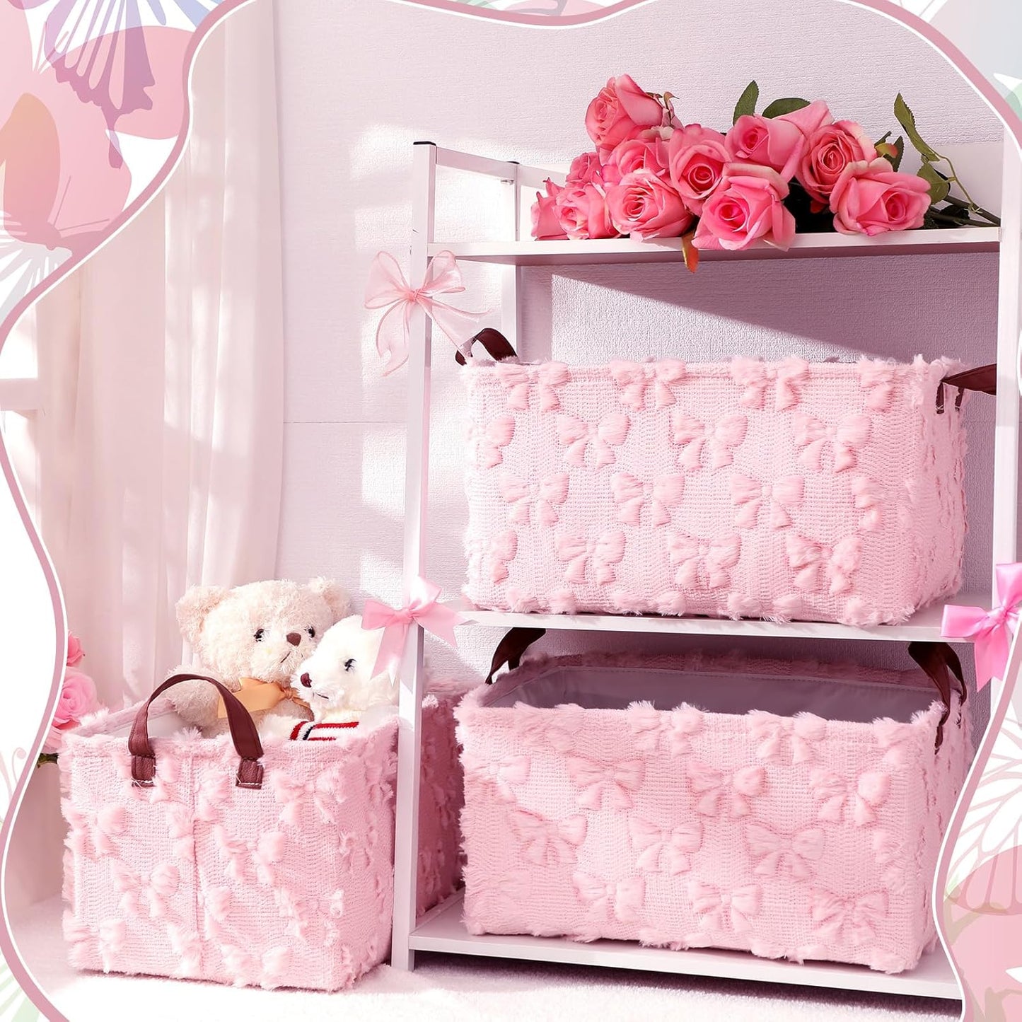 Kathfly 3 Pcs Bow Foldable Storage Baskets Pink Bow Plush Faux Fur Jacquard Design Laundry Basket with Handles Waterproof Storage Bins Fabric Shelf Baskets for Organizing Closet Clothes