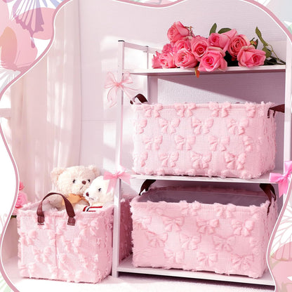 Kathfly 3 Pcs Bow Foldable Storage Baskets Pink Bow Plush Faux Fur Jacquard Design Laundry Basket with Handles Waterproof Storage Bins Fabric Shelf Baskets for Organizing Closet Clothes