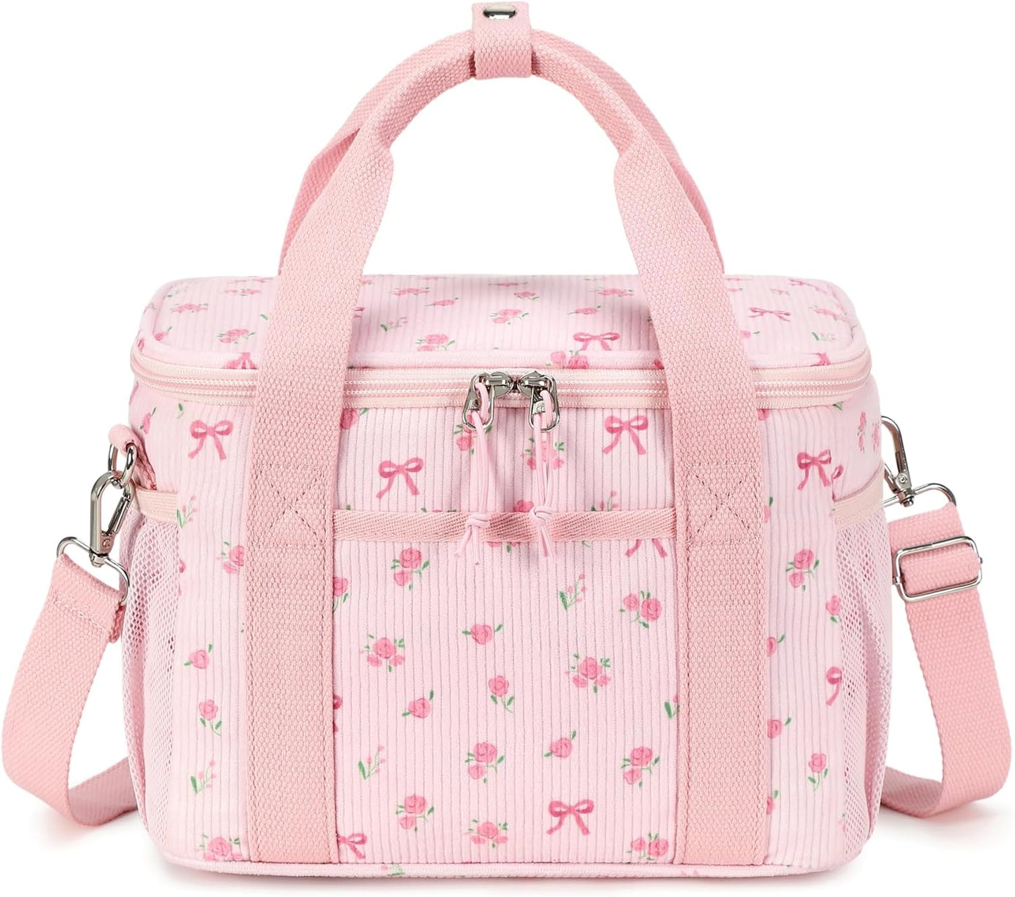 BTOOP Insulated Lunch Bag for Women Adult, Cute Lunch Box Cooler with Large Capacity, Leak-Proof Adjustable Strap Lunch Tote (Bow-Floral Pink-1, Medium)