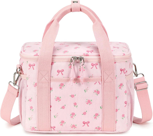 BTOOP Insulated Lunch Bag for Women Adult, Cute Lunch Box Cooler with Large Capacity, Leak-Proof Adjustable Strap Lunch Tote (Bow-Floral Pink-1, Medium)