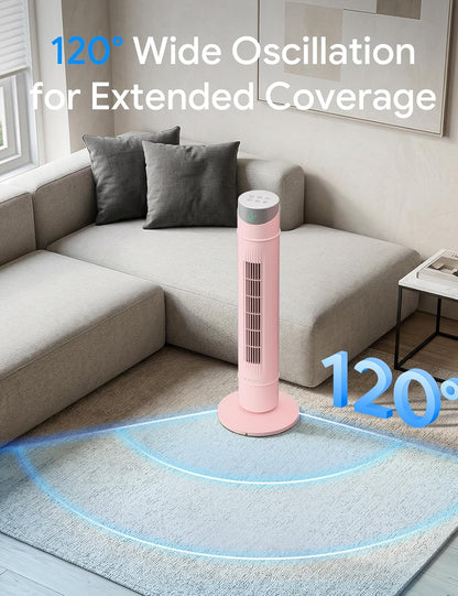 ZAFRO Smart Tower Fan for Bedroom,120° Oscillating Tower Fan,28ft/s High-Speed 12 Speeds 4 Modes,Upgraded DC 22dB Ultra Quiet,App/Voice Control,Standing Fan with 12H Timer,36Inch,Pink