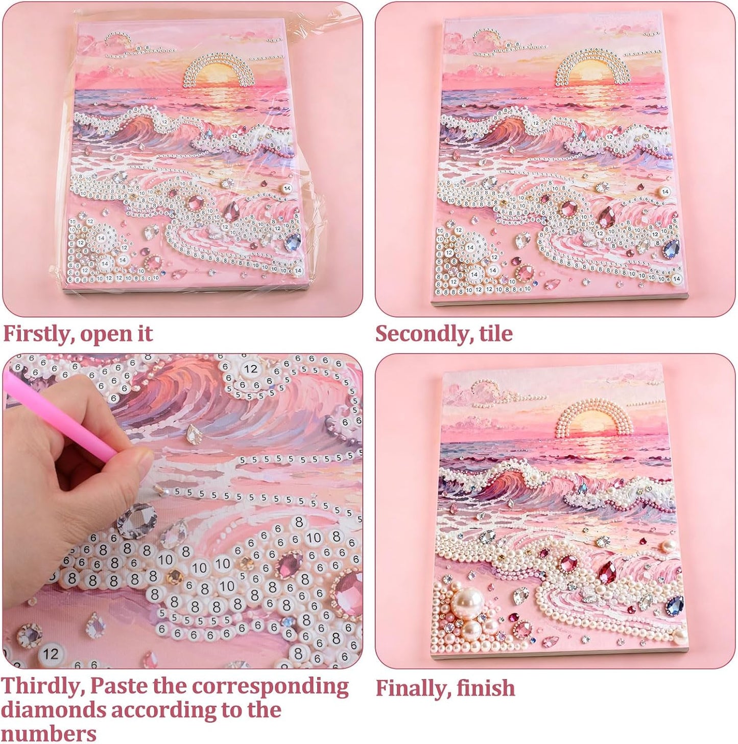 WANDIC DIY Pink Beach Pearl Painting Kit, 15.75 * 11.81in Plastic Pearl Art Craft Handmade Pink Beach Decor 3D Art Craft for Adults Beginners Home Decor Present