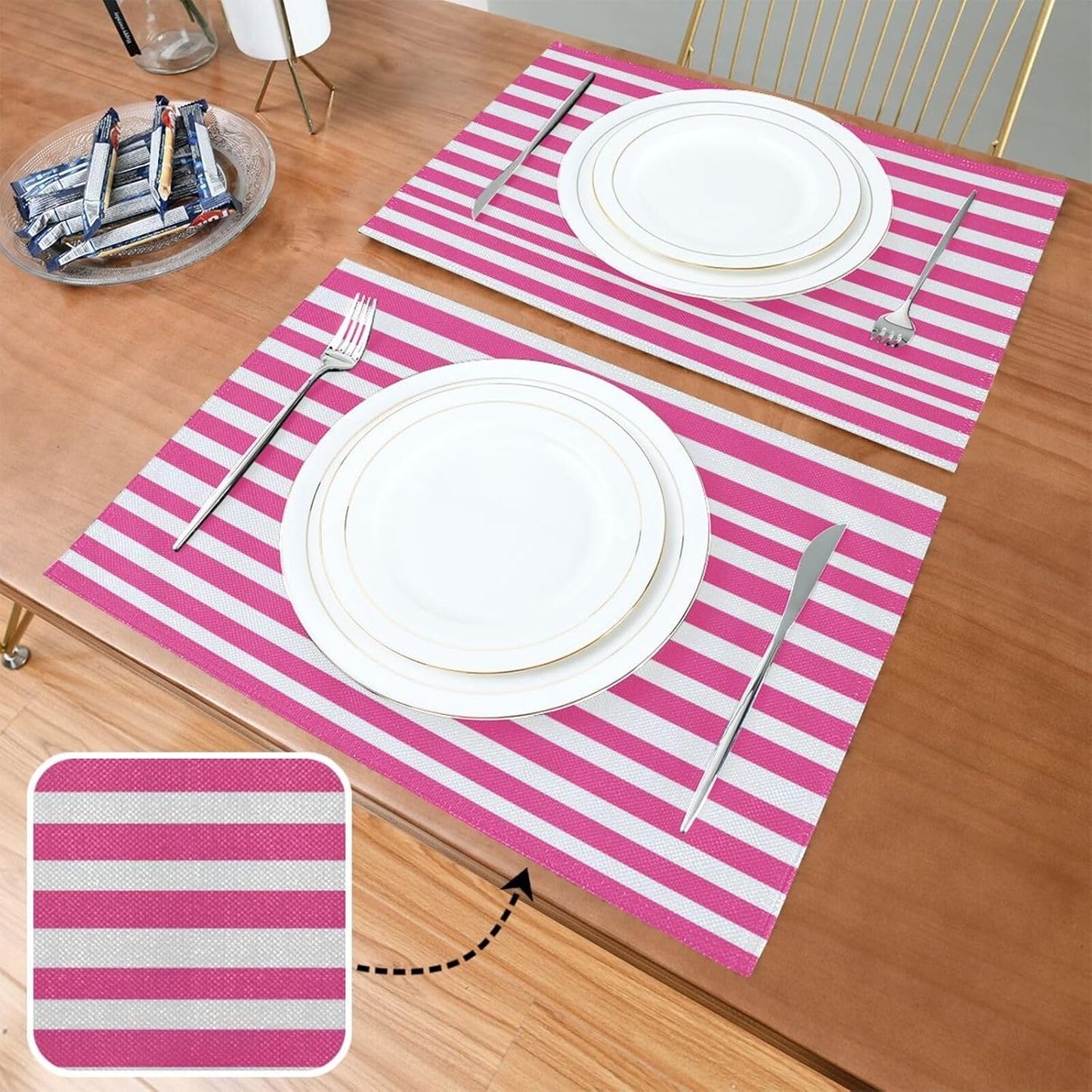 ALAZA Pink White Striped Set of 6 Placemats Rectangle Table Mat for Dining Table Restaurant Kitchen Home Decor, 12" x 18"