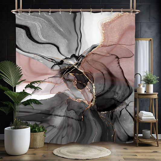 Miyotaa Marble Shower Curtain Set 60Wx71H Inches Black Pink Blush Modern Abstract Ombre Art Contemporary Women Watercolor Polyester Waterproof Bathroom Curtain with 12 Hooks