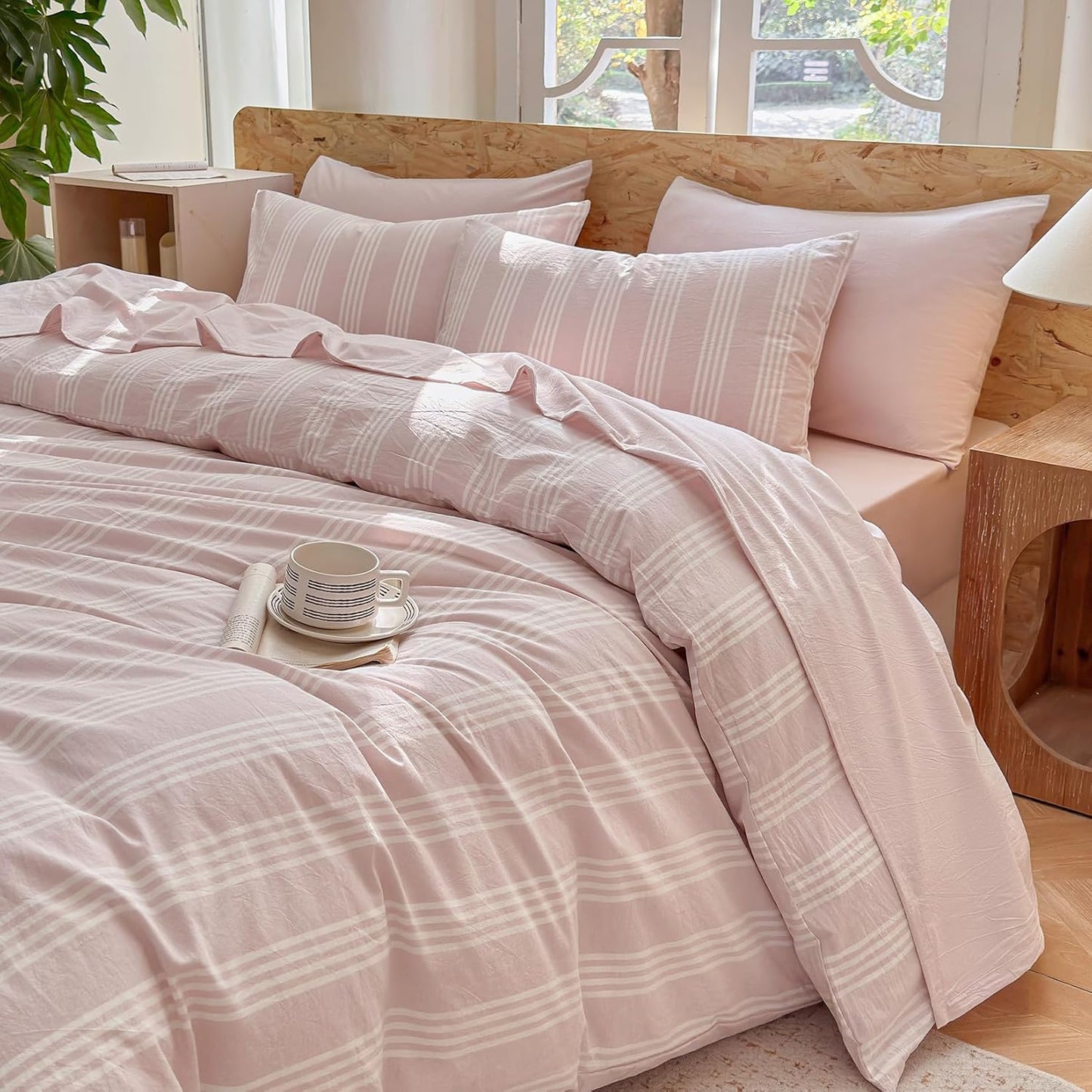 Striped Bedding Sheet Set 4 Pcs,100% Washed Cotton Linen Like,1 Fitted Sheet,1 Flat Sheet and 2 Pillowcases,Comfy Textured Sheet Set(Greyish Pink,Queen)