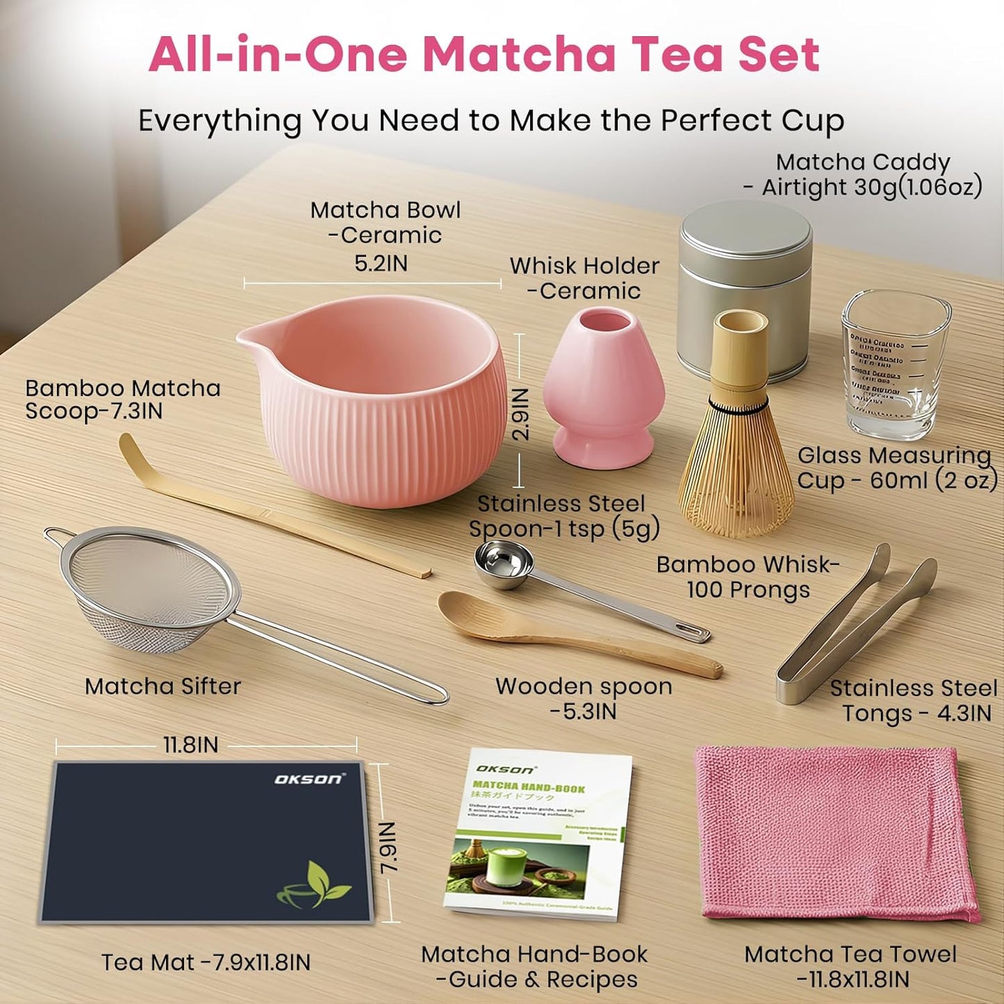 Matcha Whisk Set, 15-Pcs Ceramic Matcha Kit, Includes Matcha Bowl, Bamboo Whisk & Holder, Glass Measuring Cup, Matcha Caddy, Sifter, Scoop, Tea Towel, Tea Mat - Matcha Making Sets (pink)