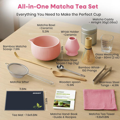 Matcha Whisk Set, 15-Pcs Ceramic Matcha Kit, Includes Matcha Bowl, Bamboo Whisk & Holder, Glass Measuring Cup, Matcha Caddy, Sifter, Scoop, Tea Towel, Tea Mat - Matcha Making Sets (pink)