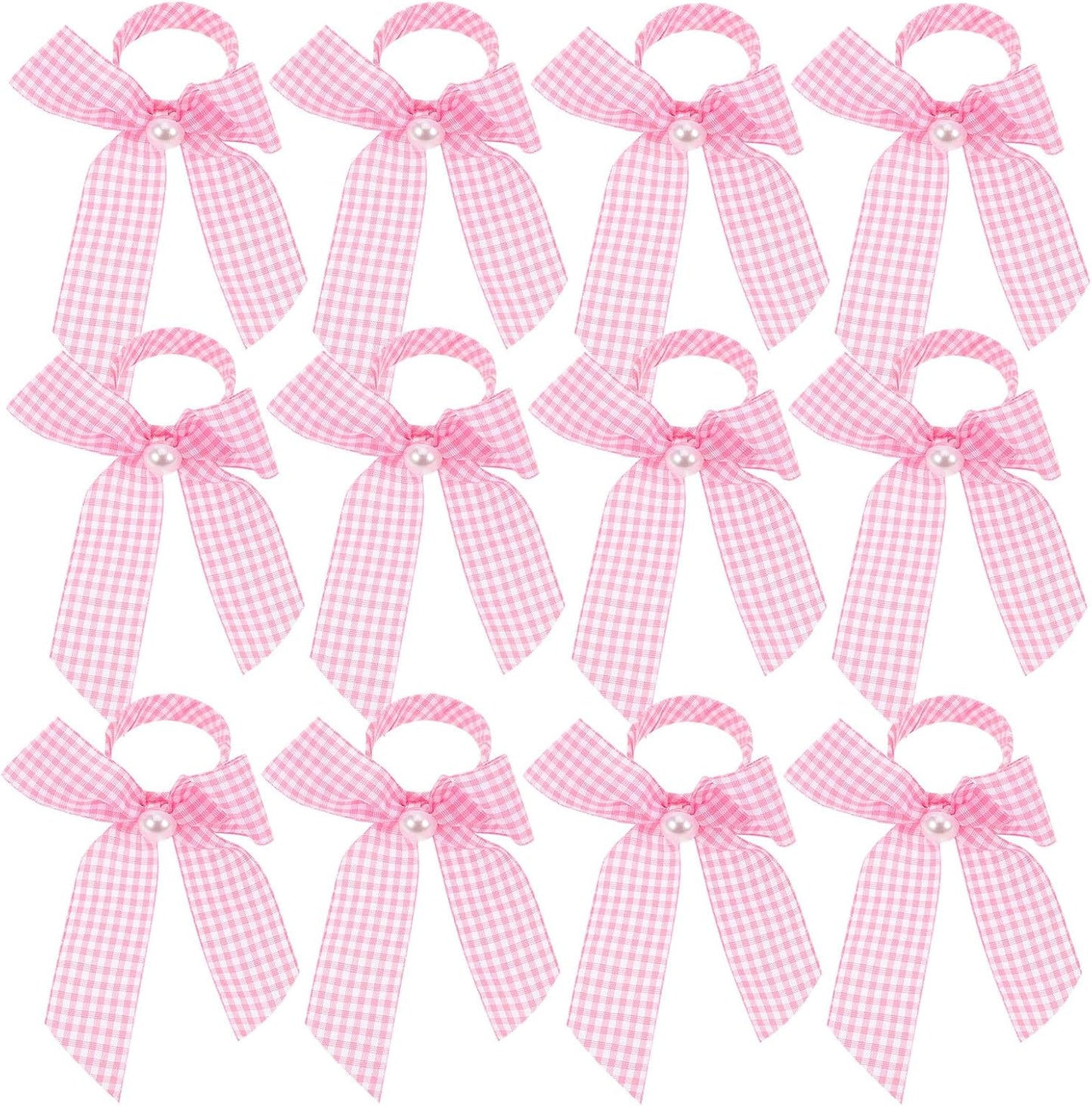 12pcs Pink Bow Napkin Rings Checkered Ribbon Napkin Holders for Shower Bridal Brunch Wedding Banquet Table Decor Reusable Lightweight Table Setting Accessories