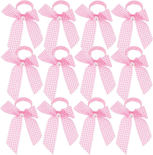12pcs Pink Bow Napkin Rings Checkered Ribbon Napkin Holders for Shower Bridal Brunch Wedding Banquet Table Decor Reusable Lightweight Table Setting Accessories