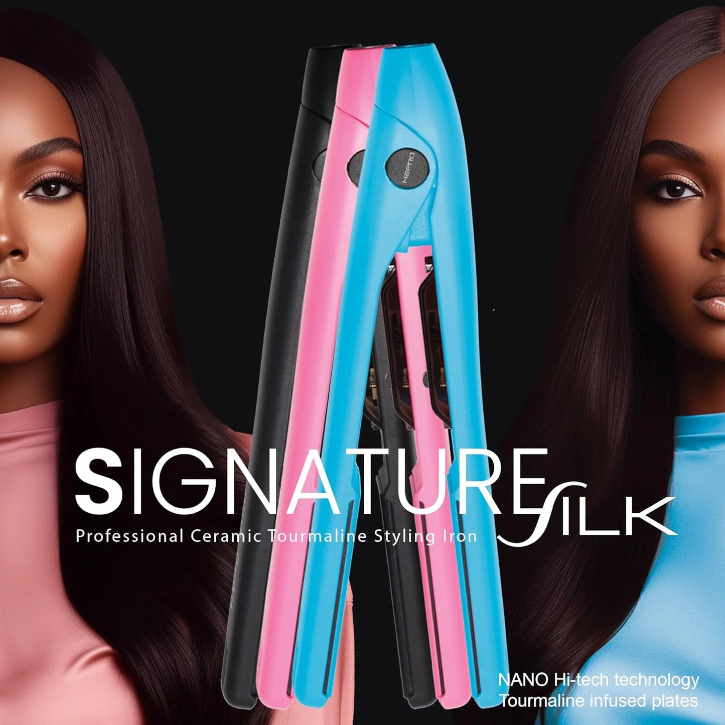 H2PRO Signature Silk Series 1 Inch Diamond Nano Hi-Tech Tourmaline Ceramic Straightening Flat Iron - Cutting Edge Professional Flat Iron for All Hair Types (Pink)