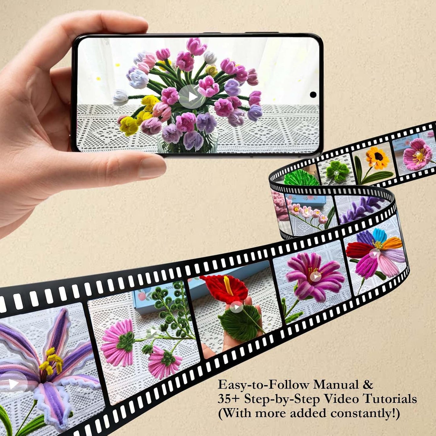 Pipe Cleaner Flower Kit- 400PCS Pink Lily Tulip DIY Chenille Stems Bouquet Crafts with Video Tutorial - 8mm Fluffier Fun Craft Pipecleaner Flowers Gift for Teacher Appreciation, Bestie, Family Bonding