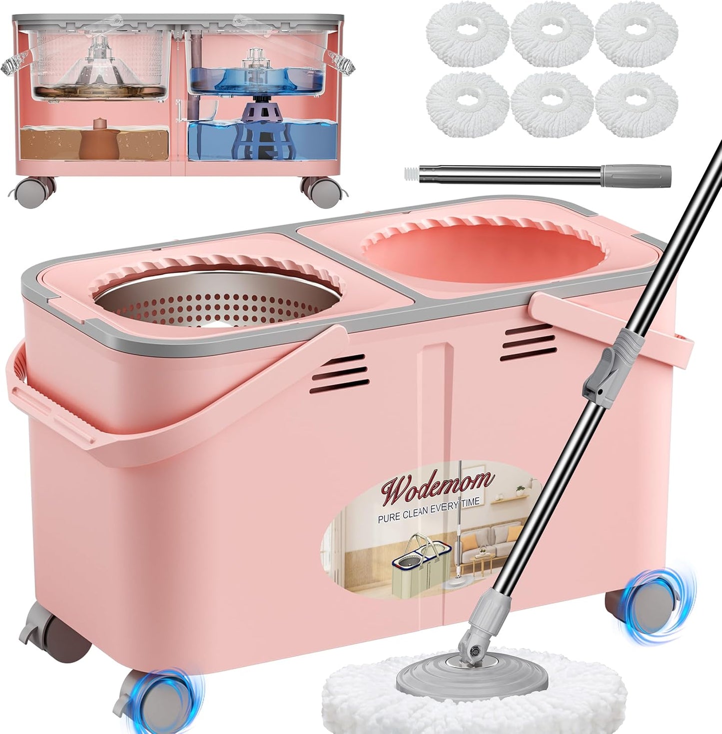 2026 Upgraded Gen 2 Spin Mop and Bucket Set with 4 Swivel Wheels for Easy Rolling, Separates Clean & Dirty Water, Floor Mop with 6 Washable Mop Heads for Wood, Tile, Vinyl, Baseboards - Pink