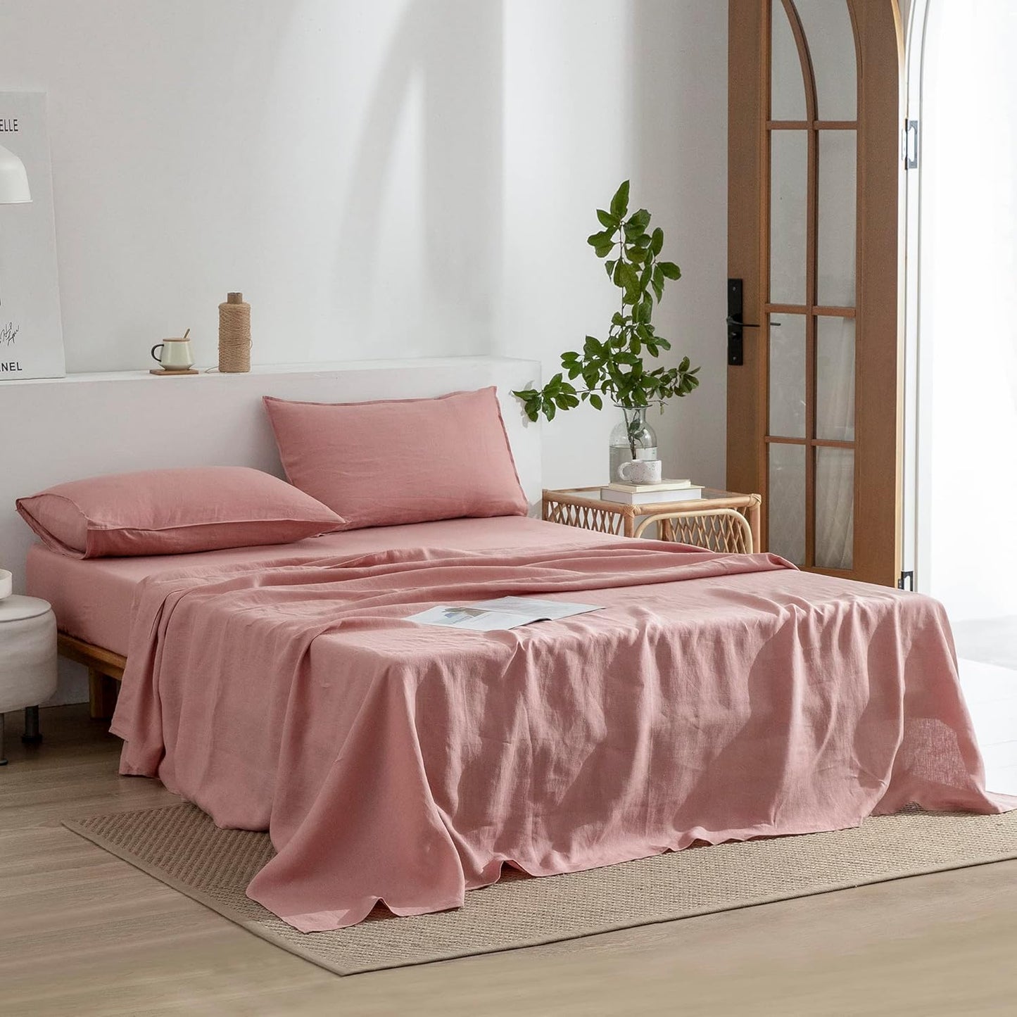 EVERLY Linen Queen Sheets Set, 100% Stonewashed French Linen Bed Sheets Deep Pocket Sheets, 4 Pieces (1 Flat Sheet, 1 Fitted Sheet, 2 Pillowcases) Natural Flax Bedding Set,Pink