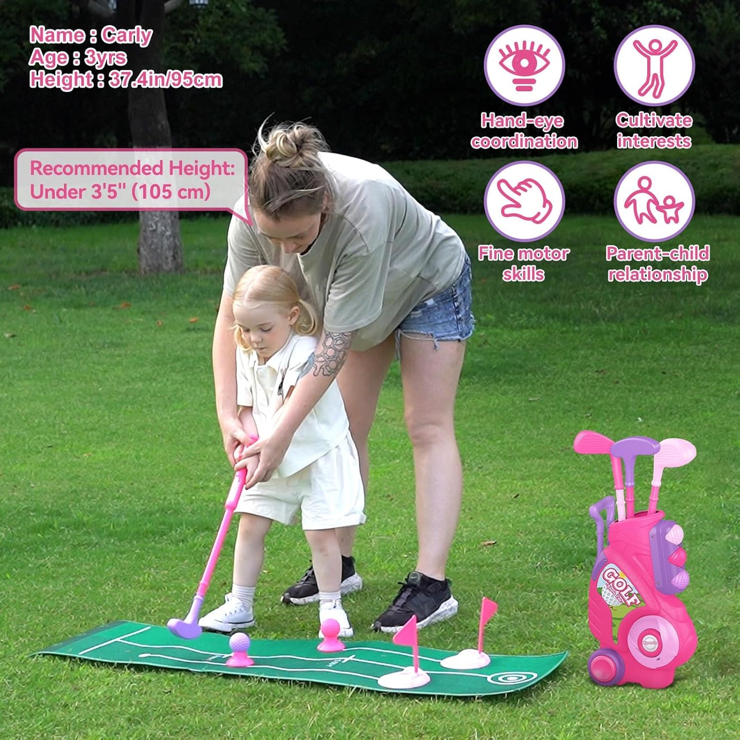 Liberry Toddler Golf Set for 2 3 4 Years Old Girls Boys, Upgraded Kids Golf Cart with Golf Cornhole Board & Putting Mat, Indoor and Outdoor Golf Toys Birthday Gift, Pink