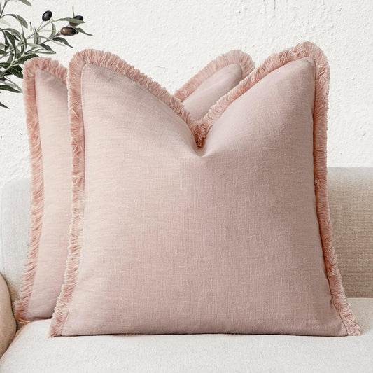 Foindtower Set of 2 Decorative Linen Fringe Throw Pillow Covers Boho Farmhouse Cushion Cover with Tassels Soft Accent Pillowcase for Couch Chair Sofa Bed Living Room Home Decor,22×22 Inch,Light Pink