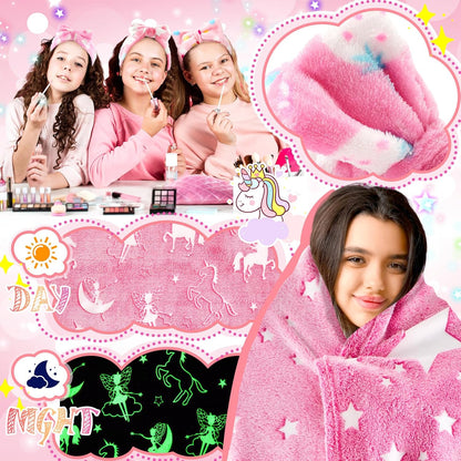 Fanfanwin 18 Pcs Sleepover Party Supplies for Girls, 6 Glow in The Dark Unicorn Blanket 6 Coral Fleece Headband 6 Plush Eye Mask Covers for Sleeping Slumber Sleepover Spa Party Gift(Classic)