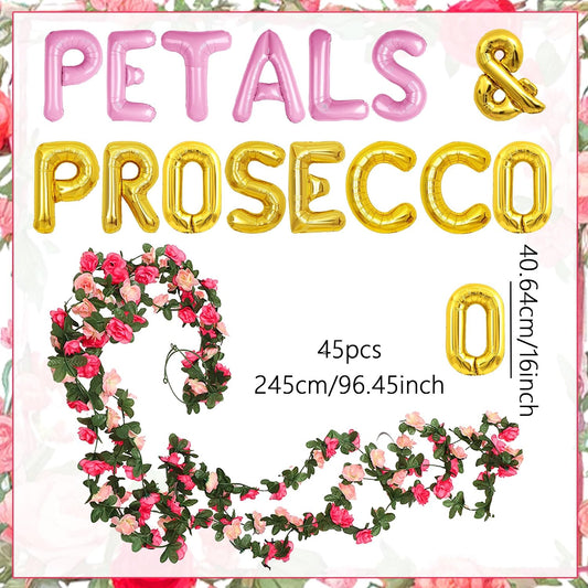 Petals And Prosecco Bridal Shower Decorations Artificial Pink Flowers Garland Prosecco Balloons Spring Roses Floral Hanging Garland Vine Wedding Party Supplies