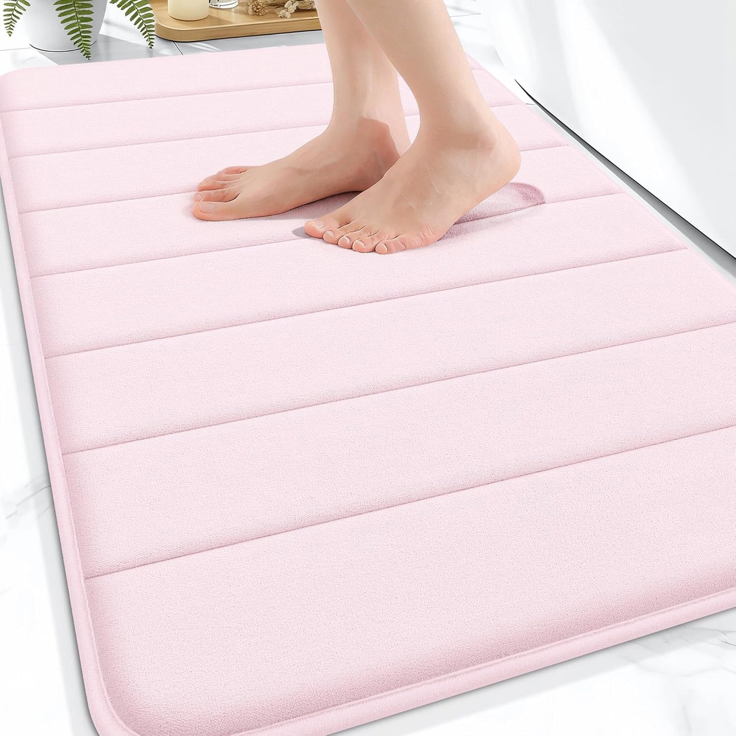 OLANLY Memory Foam Bath Mat 30x20, Super Soft Absorbent Bathroom Rugs, Quick Dry, Machine Washable Shower Floor Rugs, Bathmat Carpet, Bathroom Home Decor Accessories, Pink