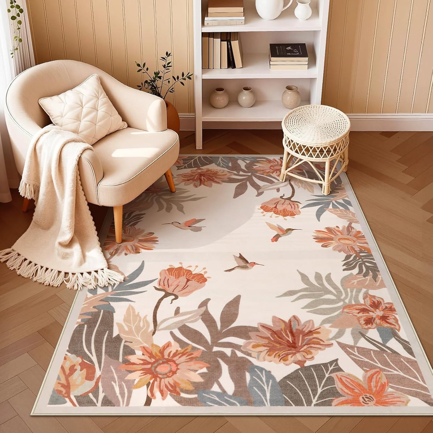 Beeiva Floral 3x5 Area Rug for Entryway - Washable Pink Boho Bedroom Rug, Stain Resistan Border Flower Print Small Throw Rugs Carpet for Living Room Kitchen Home Aesthetic Décor(Beige,3'x 5')