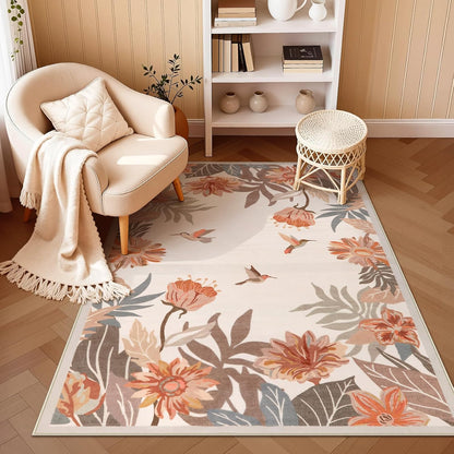 Beeiva Floral 3x5 Area Rug for Entryway - Washable Pink Boho Bedroom Rug, Stain Resistan Border Flower Print Small Throw Rugs Carpet for Living Room Kitchen Home Aesthetic Décor(Beige,3'x 5')