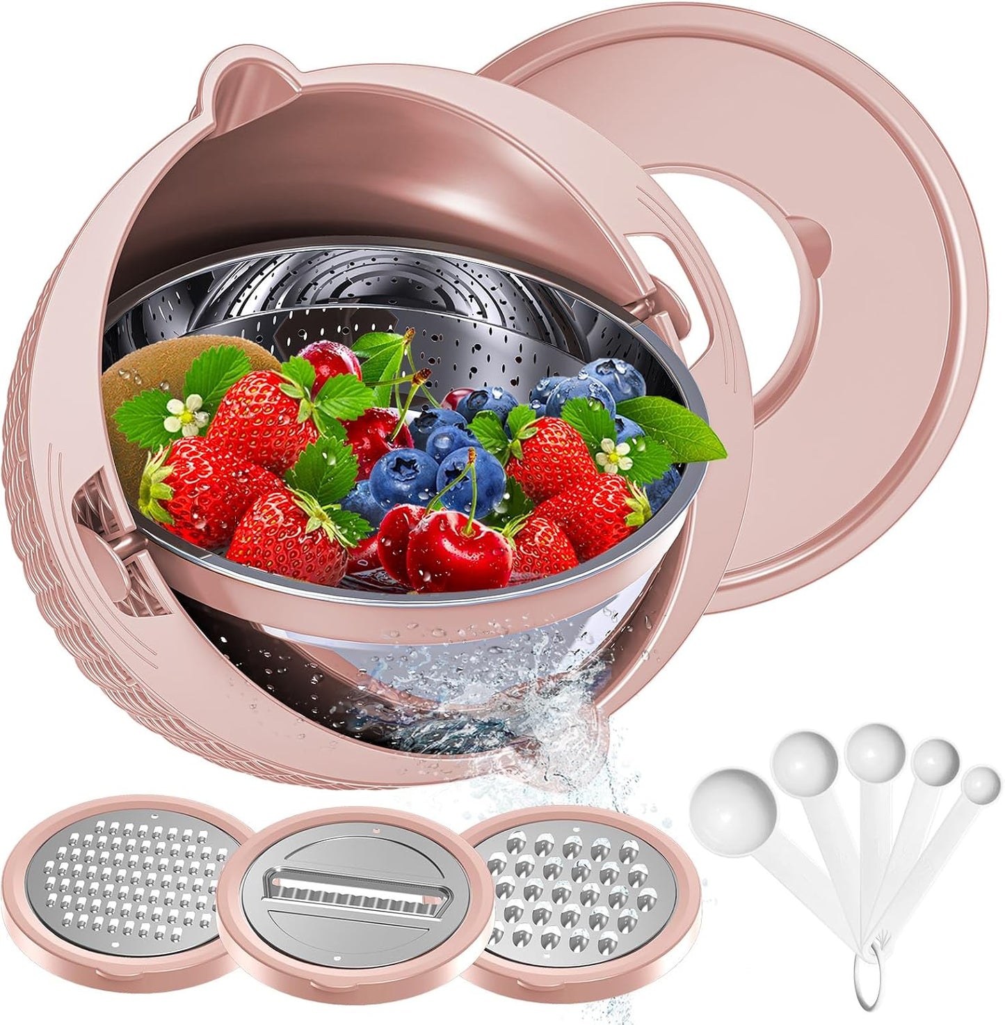 4-1 Colander with Bowl & Spoons Set - Food Strainer with New Upgraded Graters & Spoons - Colanders for kitchen(Patented) - Strainer for Fruit Pasta Veggie, Funny Presents for Women, Pink