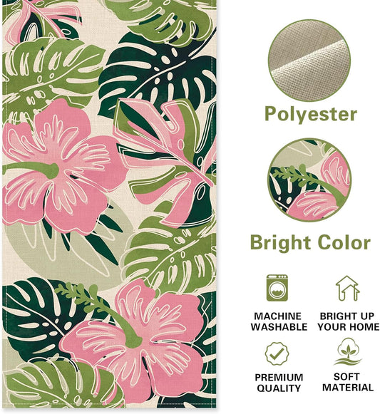 Boho Palm Leaves Spring Summer Table Runner, Tropical Hibiscus Flower Floral Bohemian Kitchen Dining Table Decoration, Pink Green Botanical Indoor Outdoor Home Decor Party Supply 13 x 36 Inch