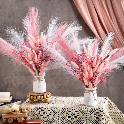 Geelin 2 Set Pink Flowers Artificial Faux Pampas Grass Gypsophila Decor Silk Pink Bunny Tails Dried and Baby Breath Flowers with White Vase Bouquets for Home Wedding Coquette Party Table Centerpieces