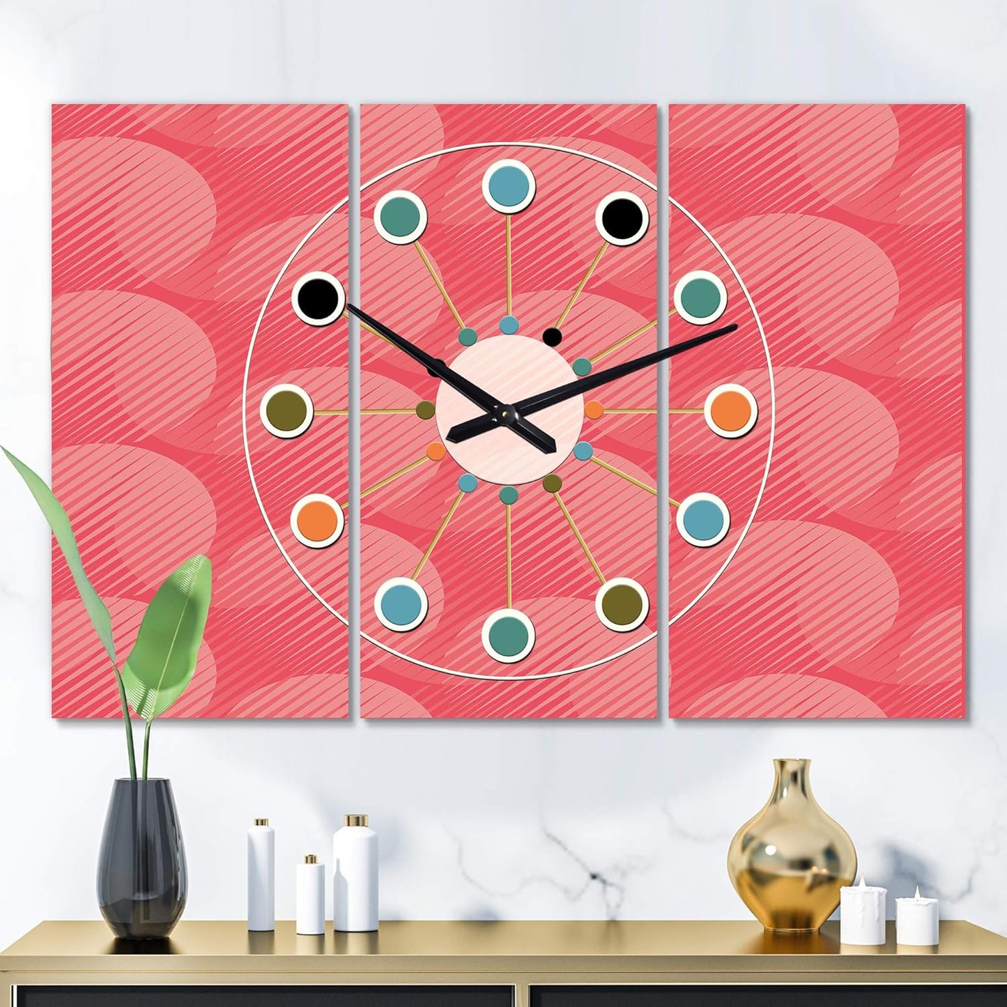 DesignQ Mid-Century Modern Wall Clock 'Coral Round Geometrical ' Pink Round Wall Clock for Office Decor