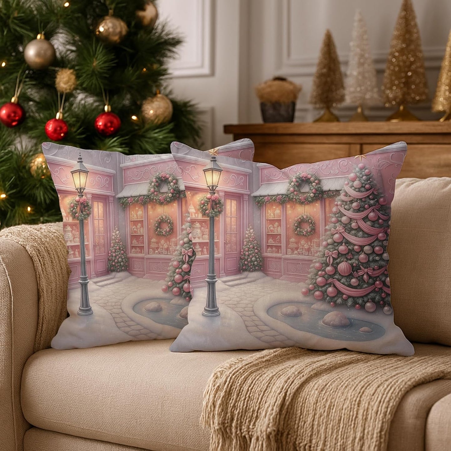 Christmas Throw Pillow Covers Set of 2, Peach Holiday Decor Cushion Cases, Festive Decorative Square Covers for Home Sofa Bed Couch 16x16 Inch