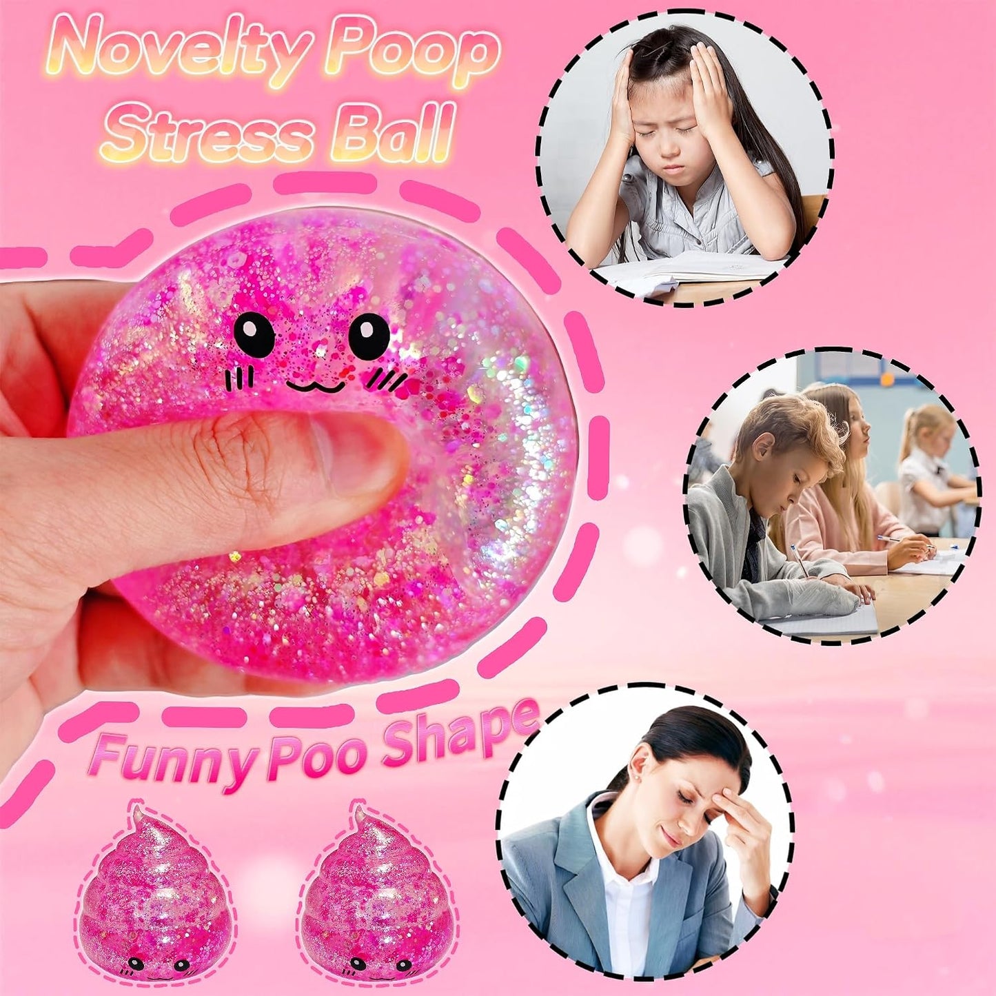 Novelty Squishy Poop Sugar Stress Ball Sensory Toys, Kawaii Poop Shape Squishies, Funny Squishy Poo Toy, Glitter Stress Balls for Kids and Adults, Prank Surprise, Gifts, Party Favors (Pink)