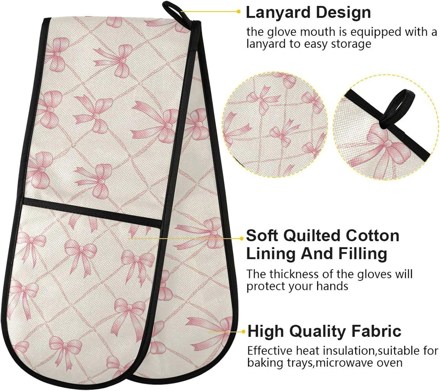 SUABO Double Oven Mitts for Handling Hot Pots 35"x7", Pink Bow Rhombus Plaid Pattern Heat Resistant Potholder for Kitchen Cooking Backing