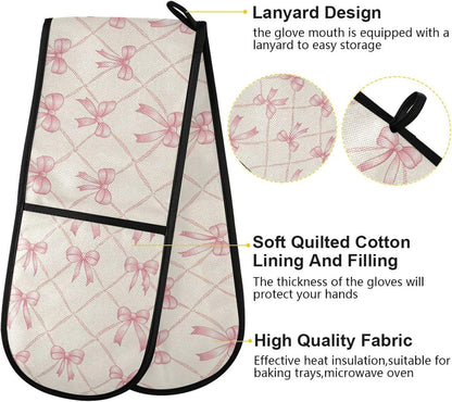 SUABO Double Oven Mitts for Handling Hot Pots 35"x7", Pink Bow Rhombus Plaid Pattern Heat Resistant Potholder for Kitchen Cooking Backing