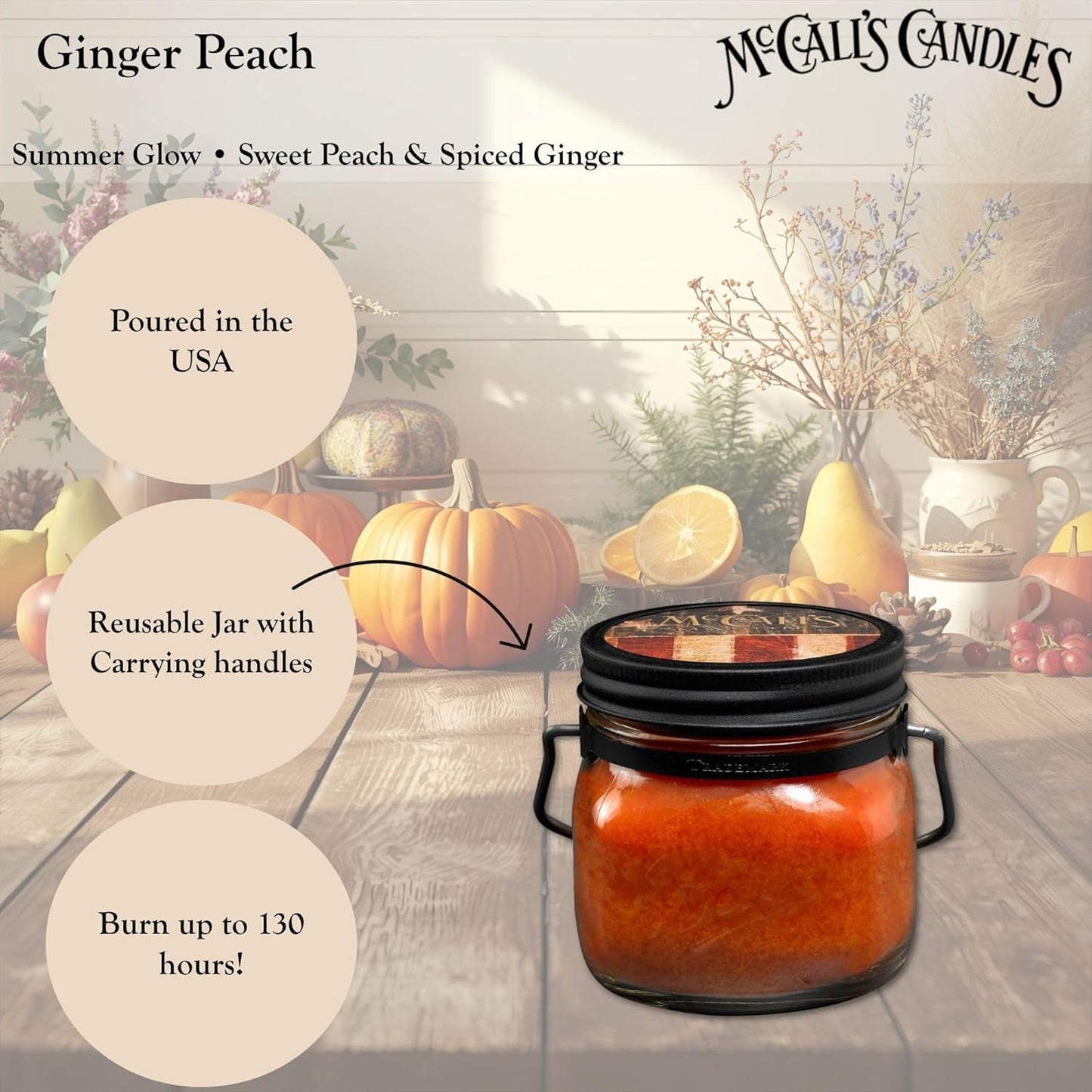 McCall’s Candles | Ginger Peach | 16 oz Two-Wick Scented Candle | USA-Poured | Vintage Mason Jar with Carrying Handle | Juicy Peach & Warm Ginger Fragrance