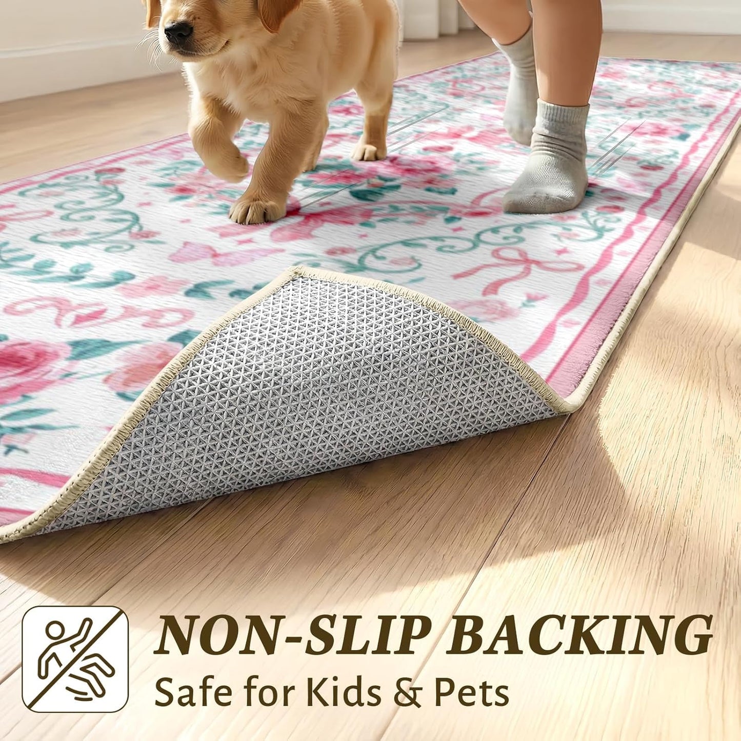 Hallway Runner Rug 2x6 - Washable Runner Rugs Non-Slip Low Pile Kitchen Runner Carpet for Laundry Room Entryway Bathroom Bedroom Living Room Floor Decor (2' x 6', Pink/Bow)