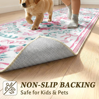 Hallway Runner Rug 2x6 - Washable Runner Rugs Non-Slip Low Pile Kitchen Runner Carpet for Laundry Room Entryway Bathroom Bedroom Living Room Floor Decor (2' x 6', Pink/Bow)