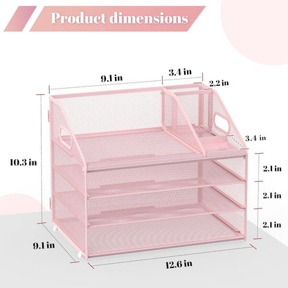 Letter Tray Paper, 4 Tier Desk Organizer with Pen Holder and Handle, Mesh File Organizer Paper Sorter Metal Desktop Document Shelf for Office Home Classroom - Pink