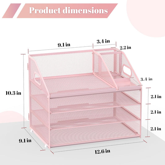 Letter Tray Paper, 4 Tier Desk Organizer with Pen Holder and Handle, Mesh File Organizer Paper Sorter Metal Desktop Document Shelf for Office Home Classroom - Pink