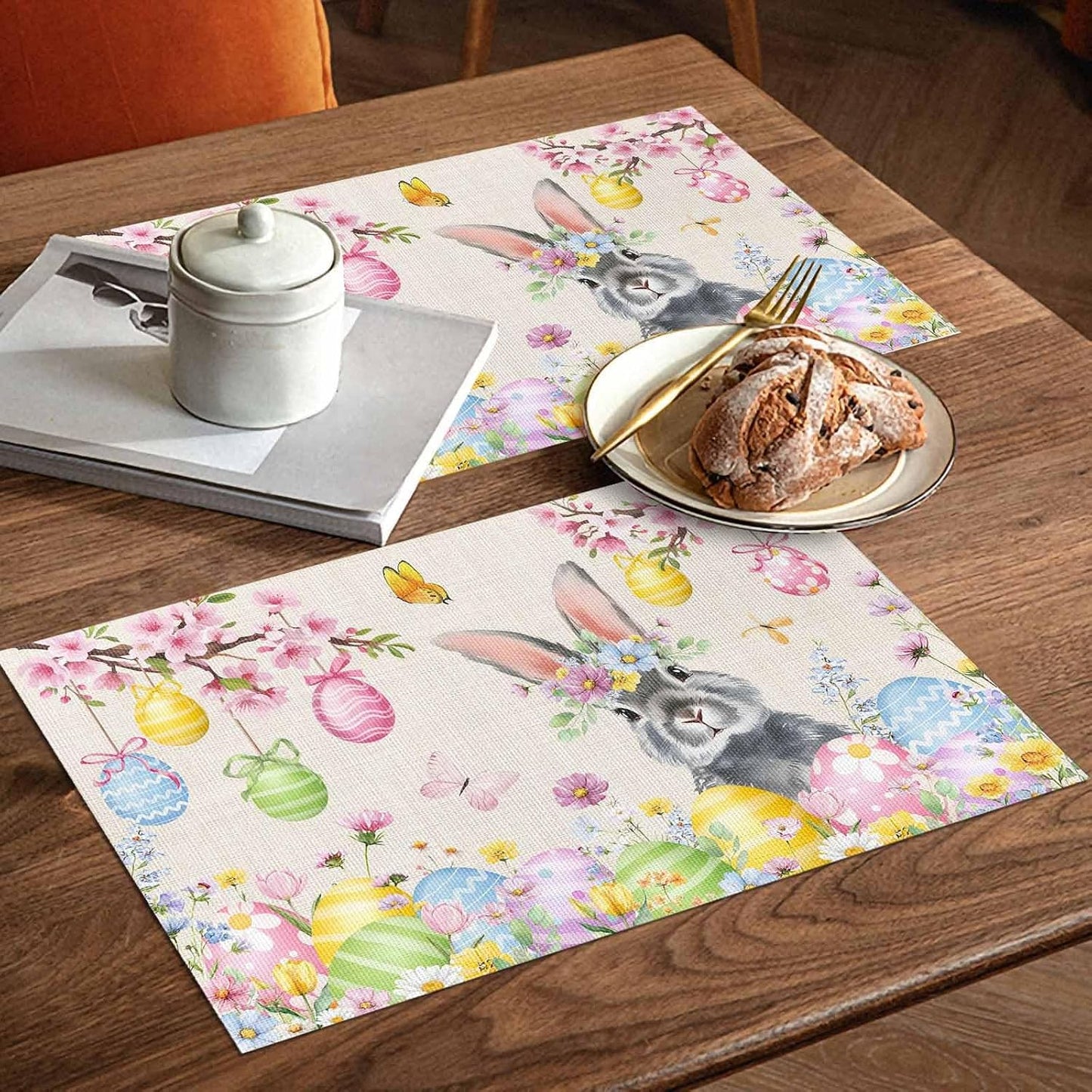 Easter Rabbits Placemats Set of 4, Washable PVC Kitchen Table Mats Place Mats, Weeping Pink Peach Eggs Vintage Beige Spring Woven Vinyl Placemat for Dining Table, 13" x 19"