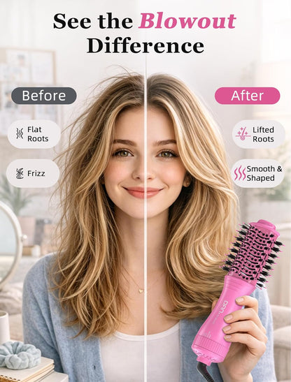 Mini Travel Ceramic Blow Dryer Brush for Short to Medium Hair, 2 Inch Oval Styling Hot Air Brush with 3 Heat Settings, Lightweight Volumizing & Smoothing Tool, 120V, Pink