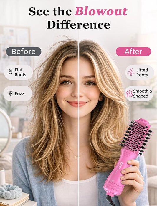 Mini Travel Ceramic Blow Dryer Brush for Short to Medium Hair, 2 Inch Oval Styling Hot Air Brush with 3 Heat Settings, Lightweight Volumizing & Smoothing Tool, 120V, Pink