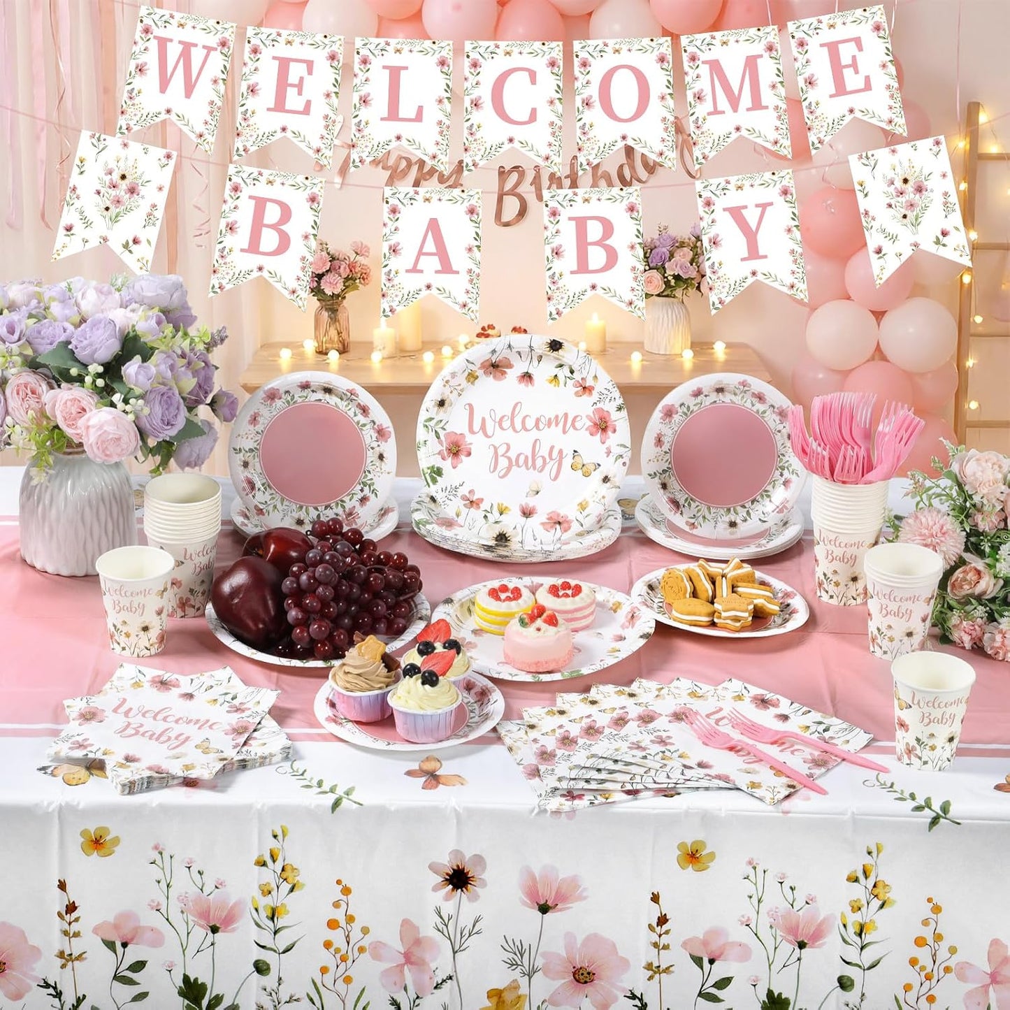 LemonRoad 128 Pcs Pink Floral Baby Shower Party Decoration Girl for 25 Guests, Wildflower Welcome Baby Shower Paper Plates Napkins Cups Tablecloth Forks Banner for Spring Gender Reveal Party Supplies