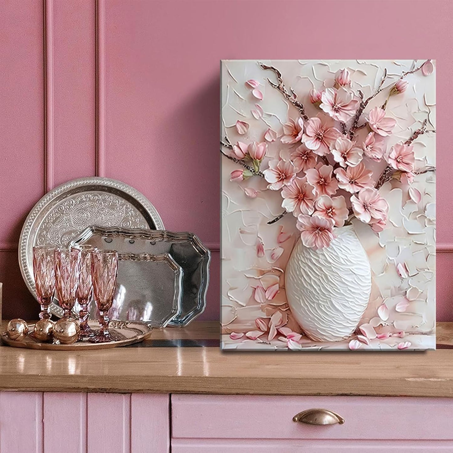 Pink Floral Canvas Wall Art sakura Flowers Botanical painting Decor Pictures Cherry blossoms Posters Prints for Living Room Classroom Bedroom office corridor bathroom Decoration