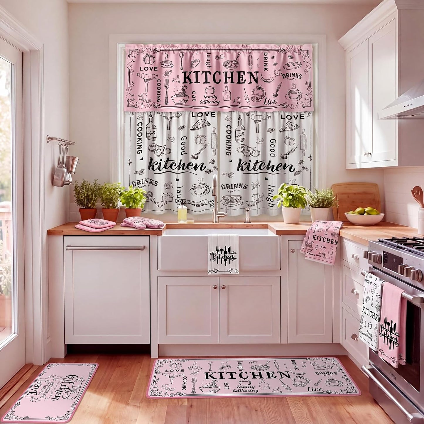 Fourluoo 13 Pcs Pink Kitchen Decor Set 4 Black Kitchen Towels 2 Cute Nonslip Rugs and Mats 3 Modern Curtains Valance 2 Pot Holders 2 Oven Mitts for Home Decoration Mom Cooking Grilling Gift