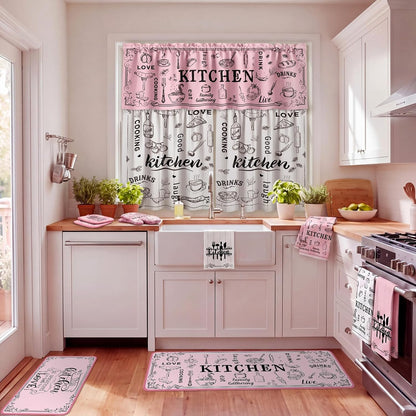 Fourluoo 13 Pcs Pink Kitchen Decor Set 4 Black Kitchen Towels 2 Cute Nonslip Rugs and Mats 3 Modern Curtains Valance 2 Pot Holders 2 Oven Mitts for Home Decoration Mom Cooking Grilling Gift