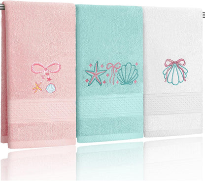 Hahafelt 3 Pack Seashell Bow Coastal Hand Towels for Bathroom 100% Cotton Embroidered Beach Bathroom Towels 13.78 x 29.53 Inch Soft Absorbent, Green Pink White